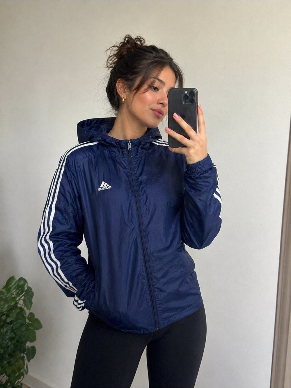 adidas Navy Hooded Bomber Jacket with White Stripe Detail